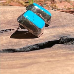 Vintage Stunning Blue Turquoise and Sterling Silver Square Pierced Earrings
